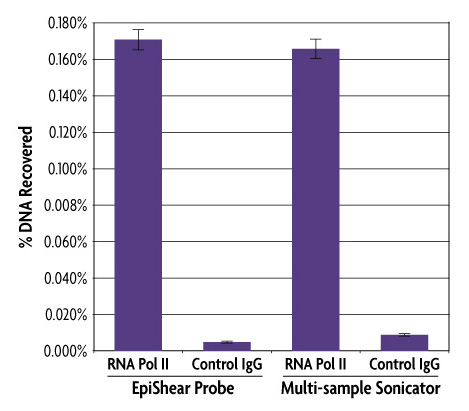 qPCR data showing ChIP of HeLa chromatin sheared with the EpiShear and multi-sample Sonicators